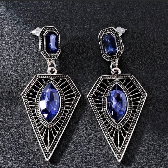 Vintage Silver Blue Gem Dangle Stud Earrings - Picture 5 of 8